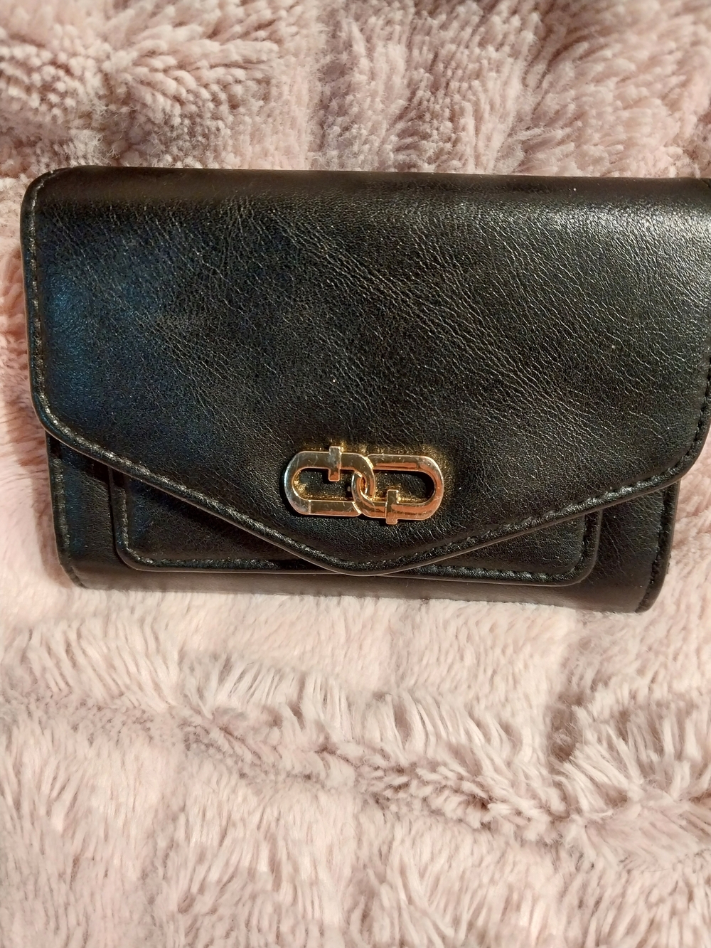 Black Leather Clutch Wallet with Gold Hardware